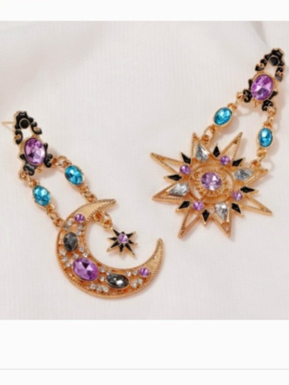 DESIGNER Celestial Gold Starburst & Moon Multicolor Crystal Mismatch Earrings - Picture 3 of 4